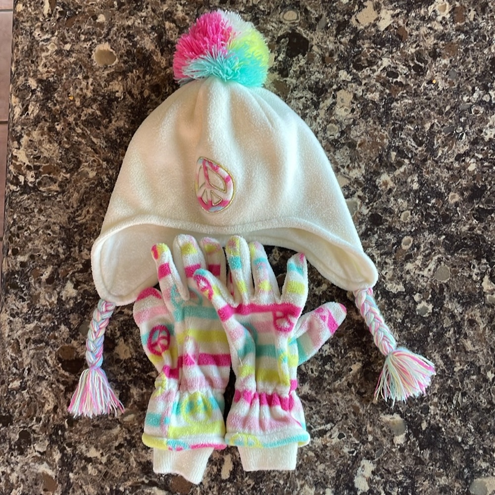 Gently warn, kids peace, sign hat, and gloves